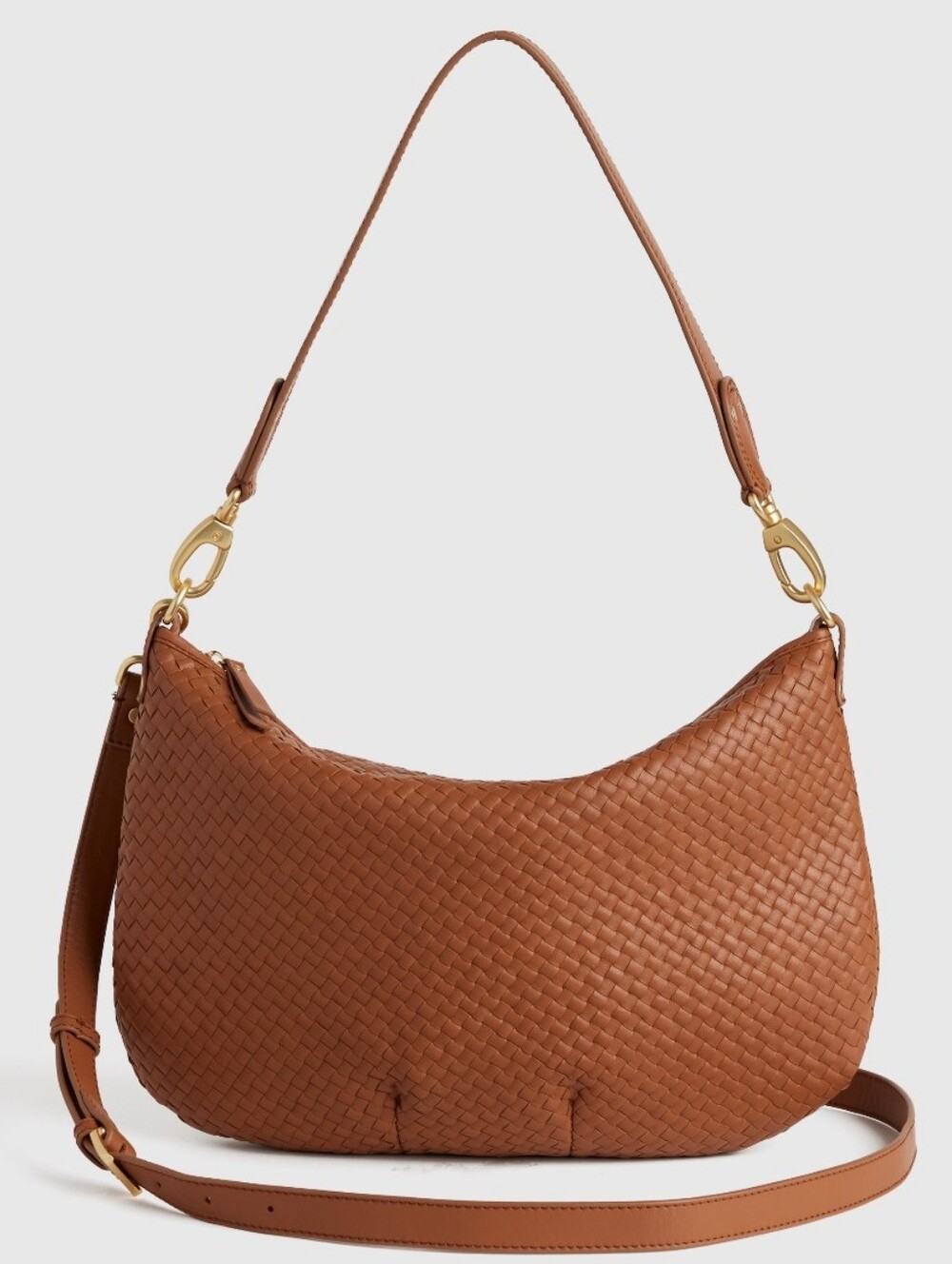 Quince Italian Leather Convertible Crescent Handwoven Shoulder Bag In Cognac